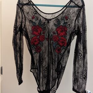 Express Black Lace Bodysuit with Red Floral Embroidery